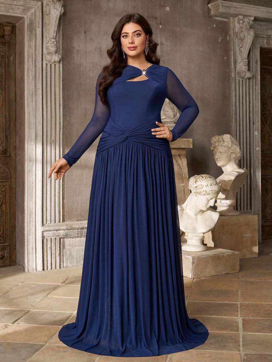 Aureia 2026 New Elegant Deep Royal Blue Mesh One-Shoulder Slimming Ruched Asymmetrical Twisted Split A-Line High Slit Dress, Suitable For Wedding Events, Bridesmaid Gown, All Formal Occasions, Heavy Embellished Evening Gown - Blue - View 1