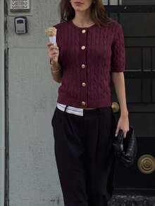 Autumina Women's Spring/Autumn Casual Elegant Young Commute College Ribbed Twisted Rope Knit Short Sleeve Cardigan Office Brunch Burgundy - Burgundy - View 2