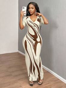 INAWLY Solva Women's Summer Sexy Fitted Printed Short Sleeve Dress - Apricot - View 3