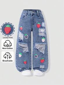 SHEIN Genkimix Kids 幼童女童草莓補丁破洞寬腿牛仔褲，彈性腰圍毛邊丹寧，可愛甜美，秋季戶外穿搭 - 深色水洗藍 - 查看 4