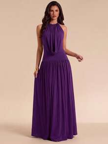 Bluhae Women's Versatile Elegant Cowl Neck Pleated Halter Tie Strap Dress - Purple - View 1