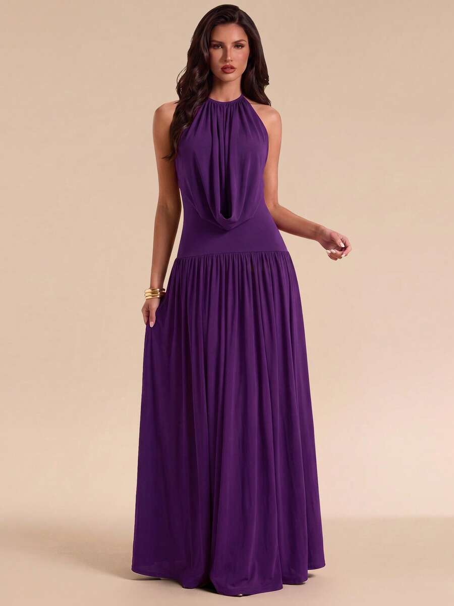 Bluhae Women's Versatile Elegant Cowl Neck Pleated Halter Tie Strap Dress - Purple - View 1