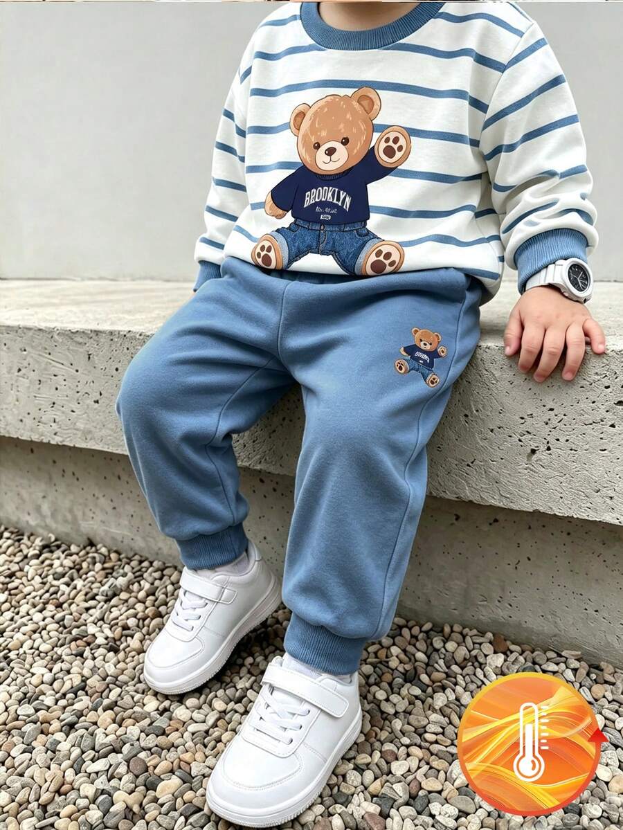 SHEIN Comfortable Crew Neck Long Sleeve Sports Sweatshirt & Sweatpants 2-Piece Set, Thermal Lined Sweatshirt & Sweatpants Set, College Style Striped Bear Pattern - Multicolor - View 1