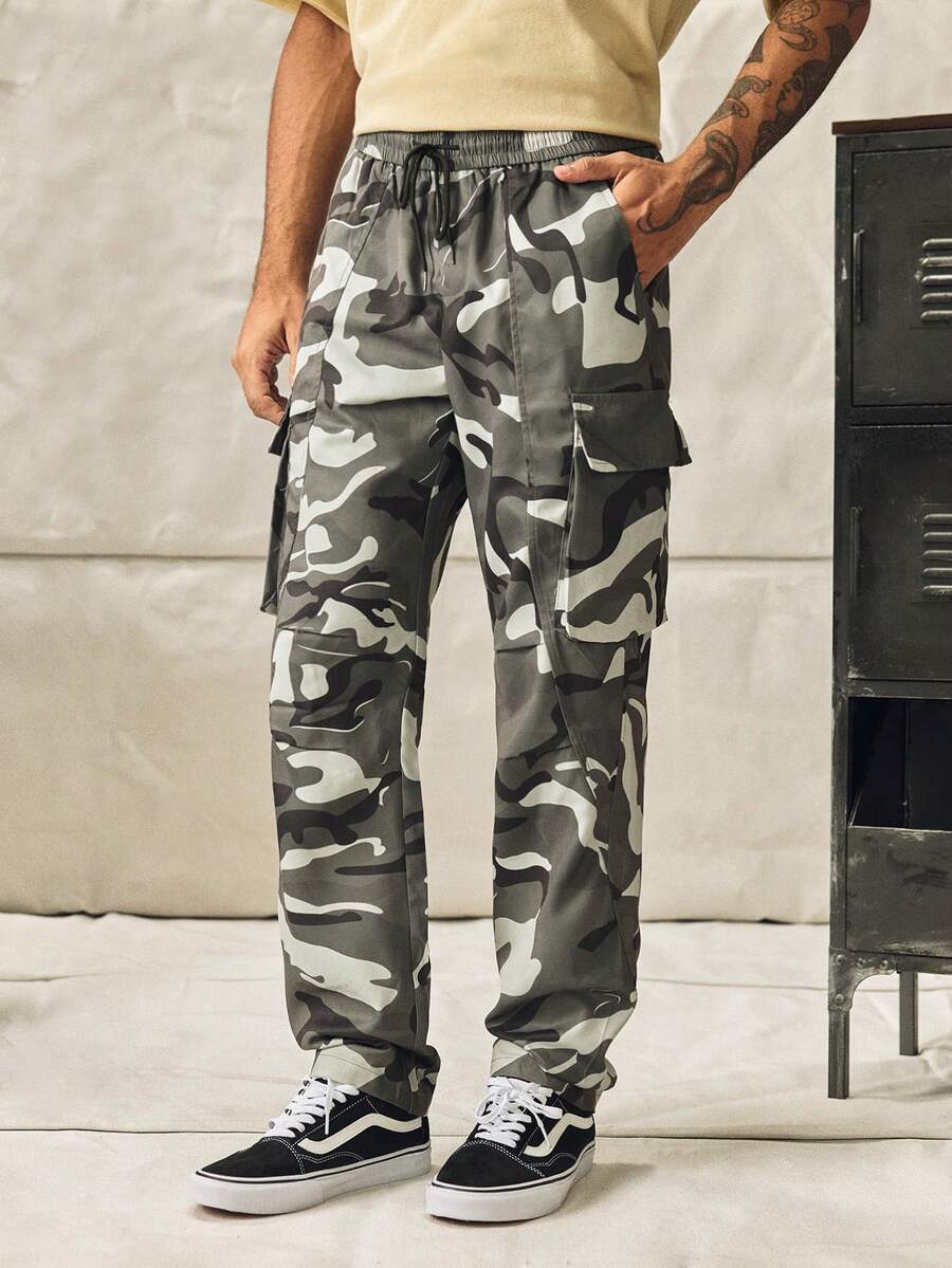 Norleigh Men's Camo Print Flap Pocket Side Drawstring Waist Loose Cargo Camo Pants, Fall - Multicolor - View 1