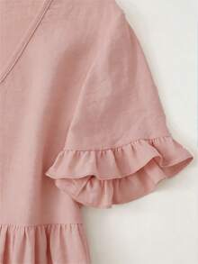 Linhara Plus Size Solid Color Linen Summer Slimming Frill Trim Holiday Summer Vacation Top Pink - Pink - View 3