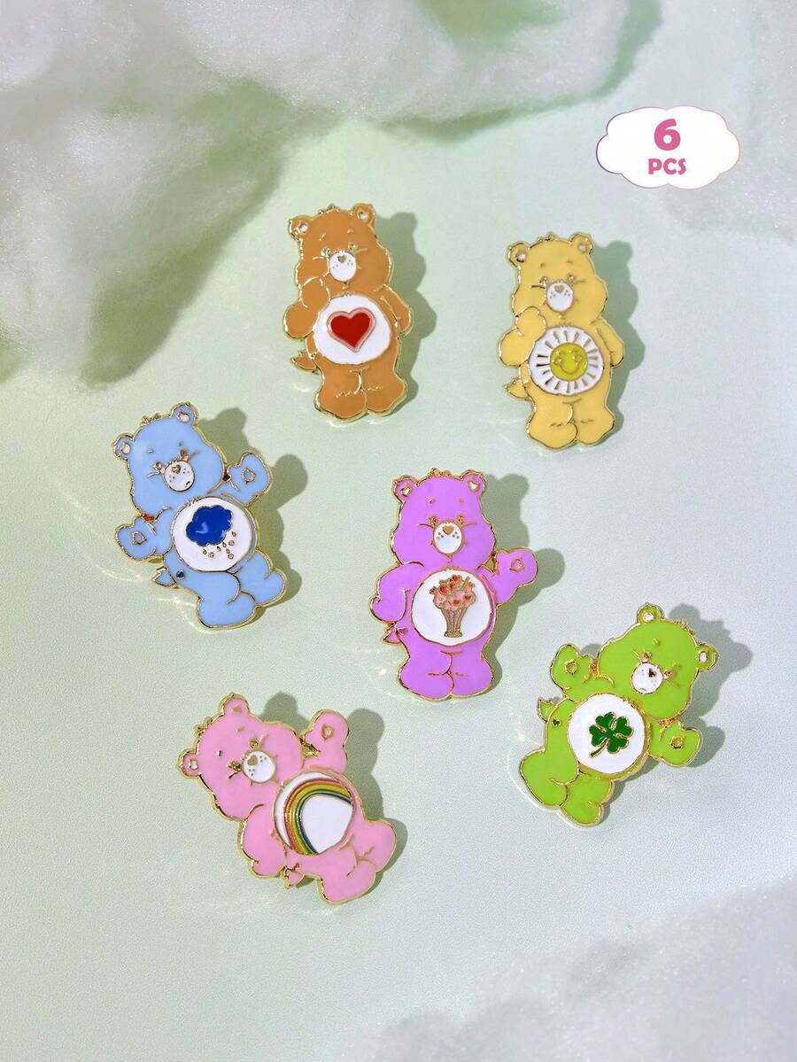 SHEIN X Care Bears 6件組時尚可愛卡通鋅合金胸針別針組,包包吊飾,適合作為禮物、收藏品、紀念品 - 彩色 - 查看 1