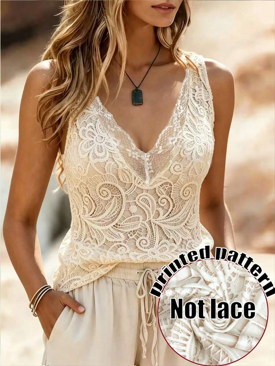 SHEIN LUNE CURVE Plus Size Lace Trim Patchwork Printed Fitted Sleeveless Tank Top, Simple Style, Suitable For All Seasons, Beach, Date, Home, Office, Workplace - White - View 1