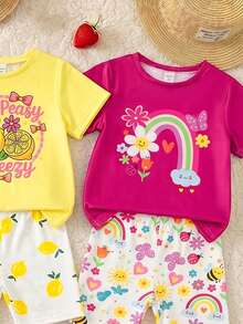 SHEIN 1套女童幼兒套裝，甜美可愛花卉、檸檬與彩虹蜜蜂印花短袖圓領上衣與短褲套裝，適合春/夏季外出、度假、上學、假日 - 彩色 - 查看 4