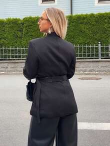 Jeta Ari Stand Collar Thick Tweed Single-Breasted Metal Button Decor Belt Utility Jacket Black Fall - Black - View 2