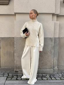 CLARA VERO Turtleneck Split Hem Cable Sweater, Loose Fit, Daily Or Cozy, Chunky Cable Knit, High Neck - White - View 1