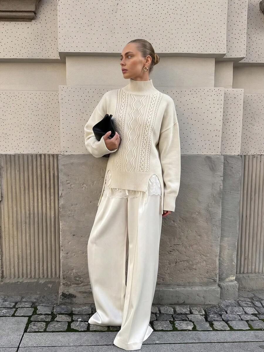 CLARA VERO Turtleneck Split Hem Cable Sweater, Loose Fit, Daily Or Cozy, Chunky Cable Knit, High Neck - White - View 1