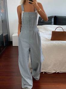 Livesso Tall Women's Striped Casual Denim Overalls - Blue - View 3