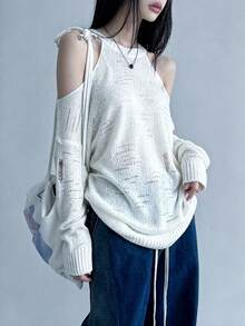INAWLY Women's Solid Color Simple Casual Cold Shoulder Hollow Sweater, Knit Pullover Fall Winter - White - View 2