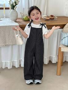 SHEIN Little Byeori 女童深藍色牛仔寬鬆連身褲 - 黑色 - 查看 6