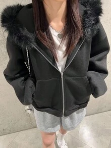 Dazy Tall Women's Hooded Fur Collar Patchwork Loose Open Front Cropped Sweatshirt Fall - Black - View 5