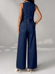 SHEIN PETITE Women's Fashion Button-Up Top And Loose Wide-Leg Jeans Set - Blue - View 5
