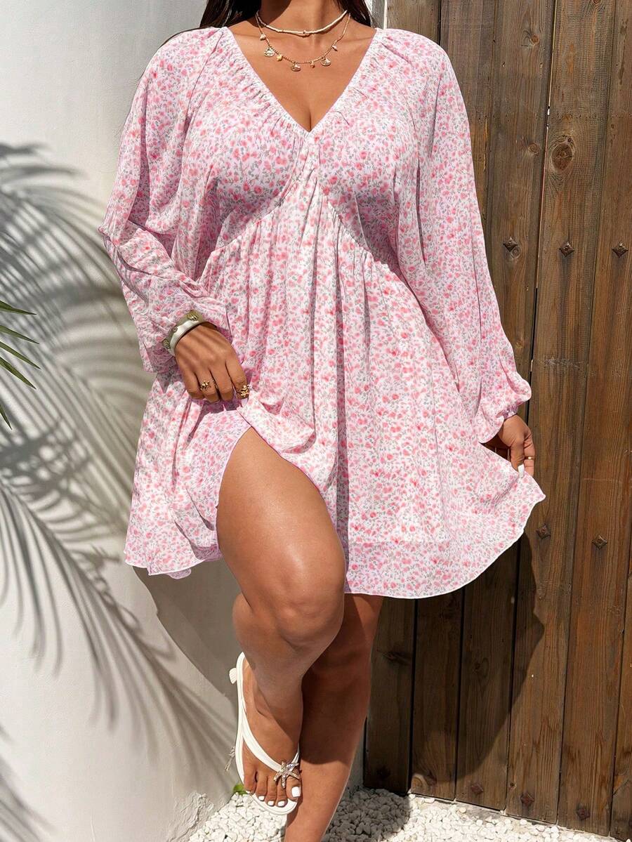 Sunnyshic Vintage Ditsy Floral V-Neck Backless Tie Strap Long Sleeve Maxi Dress For Women Fall - Pink - View 1