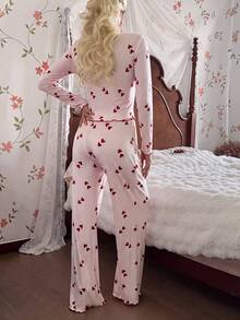 CottageSlumber Romantic Lace Trim Striped Heart Print Knit Textured Bow Decor Long Sleeve Long Pants Pajama Set Autumn/Winter Women - Multicolor - View 2