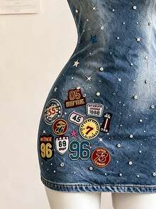 Lalippa Retro Badge Cross-Pattern Rhinestone-Embellished Printed Polo Dress Fitted Mini Club Dress - Multicolor - View 3