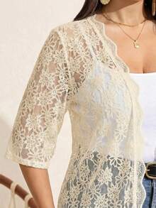 SHEIN LUNE 大尺碼女款蕾絲休閒百搭日常夾克外套 秋季 - 米色 - 查看 9