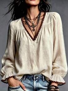 LUMIGAL Vintage Casual Apricot Shell Embroidery Contrast Color V-Neck Cuff Lace Contrast Color Flared Sleeve Long Sleeve Women's Blouse - Apricot - View 3