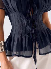 SHEIN EZwear 春夏純色領口百褶休閒浪漫優雅性感百搭日常短袖大尺碼襯衫 早午餐約會之夜 海軍藍 - 藏蓝色 - 查看 8