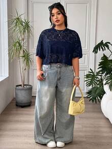 SHEIN EZwear 大尺碼女款海軍藍花卉網紗圓領短袖上衣 - 藏蓝色 - 查看 6