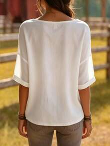 SHEIN LUNE Women's Knitted Plain And Simple Casual Vacation Summer Short-Sleeved T-Shirt - White - View 2