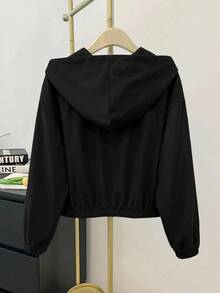 SHEIN 青少年女孩編織純色貼袋短版寬鬆休閒連帽外套 - 黑色 - 查看 2