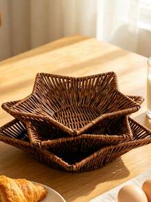 Star Shaped Rattan‑Effect Snack Basket, Deep Color Woven Food Tray, Multipurpose Serving Basket For Fries, Cakes, Nuts, Pastries, Fruits And Vegetables, Practical Food Container For Home Kitchen, Restaurant And Party Use - Dark color - View 5
