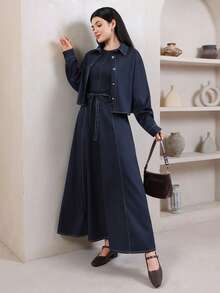 Veilorie Women's Shirt Dress Arabic Costume Set - Dark Wash - View 2