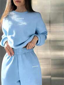 INAWLY 女款秋冬休閒運動衫與運動長褲兩件套 - 天藍色 - 查看 4