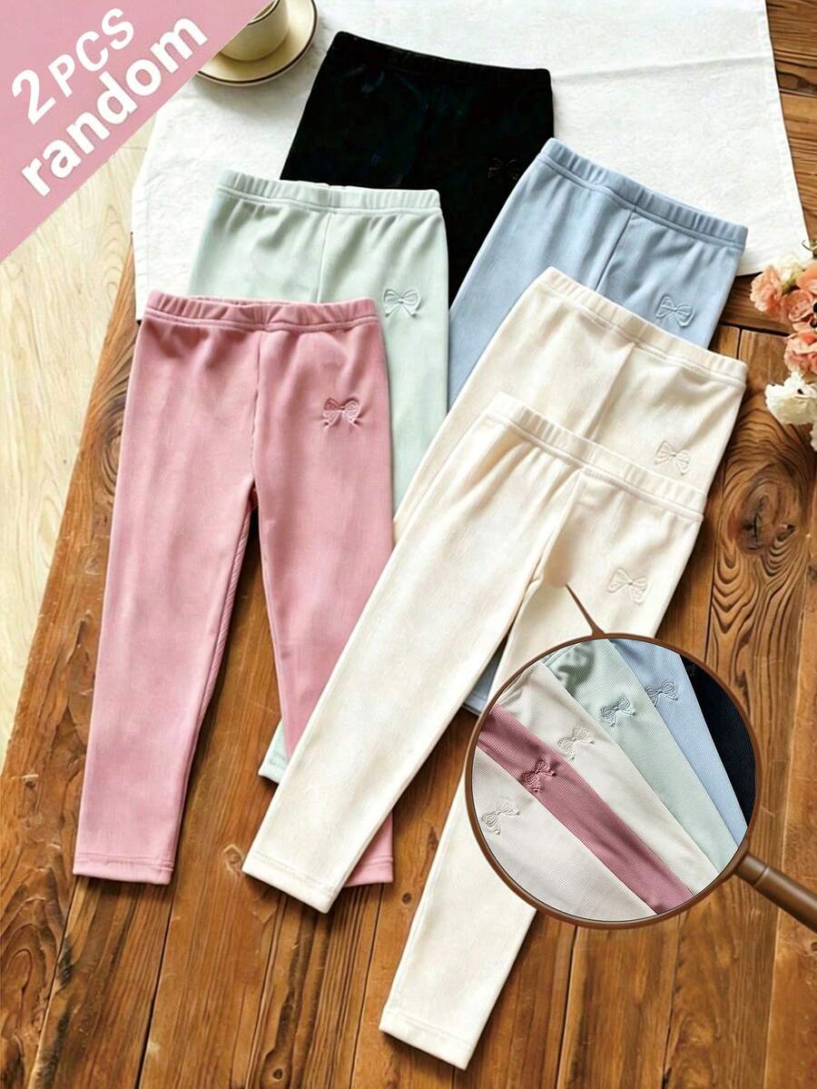 SHEIN Girls' Bow Cute Solid Color Leggings, Comfortable And Fitted Long Design, Suitable For Spring, Autumn And Winter, Randomly Sent 2 Pieces - Multicolor - View 1