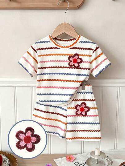 Souflis Souflis (Random 3 Sets,Send 1 Set)Infant Girls Fresh Minimalist Colorful Brown Stripes, Colorful Flowers, Puppy, Heart, Polka Dot Pattern Basic Short T-Shirt And Shorts Set