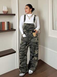 Dazy Plus Camouflage Print Pocket Casual Streetwear Sweet Cool Loose Fit Long Denim Overalls Plus Size Women Spring Summer - Army Green - View 5