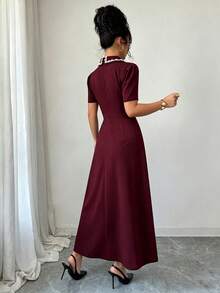 Elenzga Women's White And Burgundy Pearl Collar Puff Short Sleeve Midi Dress, Elegant French Preppy Mature Casual Wedding Outfit Dinner Party Formal Summer - Burgundy - View 2