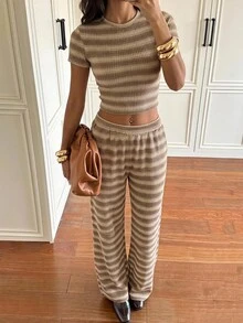 SHEIN EZwear 女款棕色條紋針織休閒套裝 - 咖啡棕 - 查看 11
