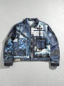 ROMWE MEN Street Life Men's Digital Pattern Casual Versatile Daily Denim Jacket - Blue - View 1