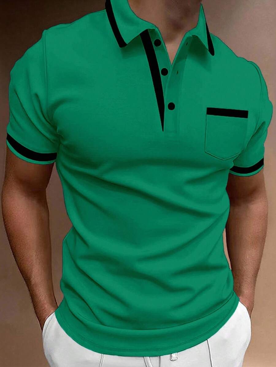 Calvornis 男士夏季休閒拼色飾邊短袖 Polo 衫 - 綠色 - 查看 1