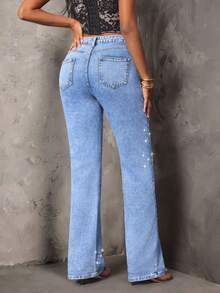 SHEIN SXY Women's Casual Daily Denim Jeans With Pocket, Button And Colorful Rhinestone Decoration - Blue - View 4