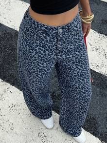 DAZY 春夏度假穿搭女款藍色棉質豹紋寬鬆休閒牛仔長褲 - 藍色 - 查看 2