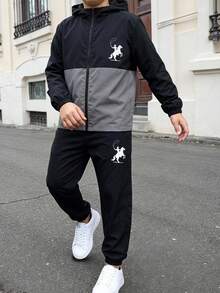 兒童青少年男孩 2件組休閒拉鍊連帽外套與抽繩腰長褲套裝，運動風，秋冬款 - 彩色 - 查看 9