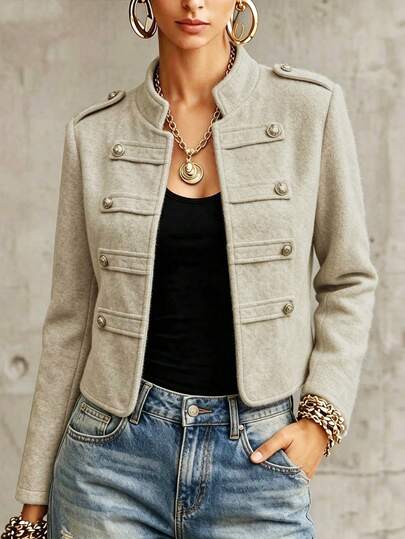 SHEIN Raffinéa Jaket Lengan Panjang Wanita Bergaya Vintage dengan Kerah Tegak Kecil dan Kancing Logam, Cocok untuk Bisnis dan Kantor.