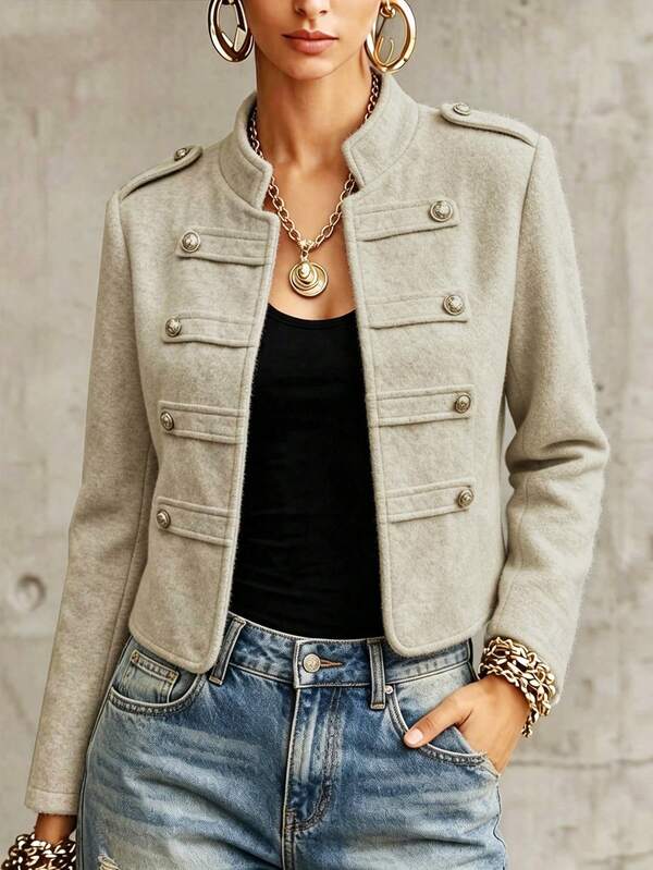 SHEIN Women's Vintage Small Stand Collar Metal Button Decor Long Sleeve Jacket, Business Office