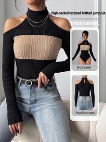 Selianne Street Fashion Open Shoulder Contrast Color Long Sleeve Bodysuit For Vacation And Travel - Black - View 1
