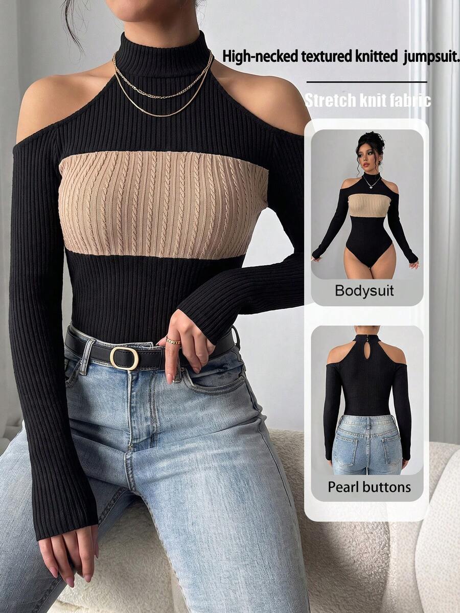 Selianne Street Fashion Open Shoulder Contrast Color Long Sleeve Bodysuit For Vacation And Travel - Black - View 1