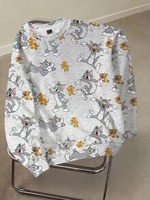 TOM & JERRY X SHEIN 女款卡通印花圓領長袖休閒運動衫 - 白色 - 查看 1