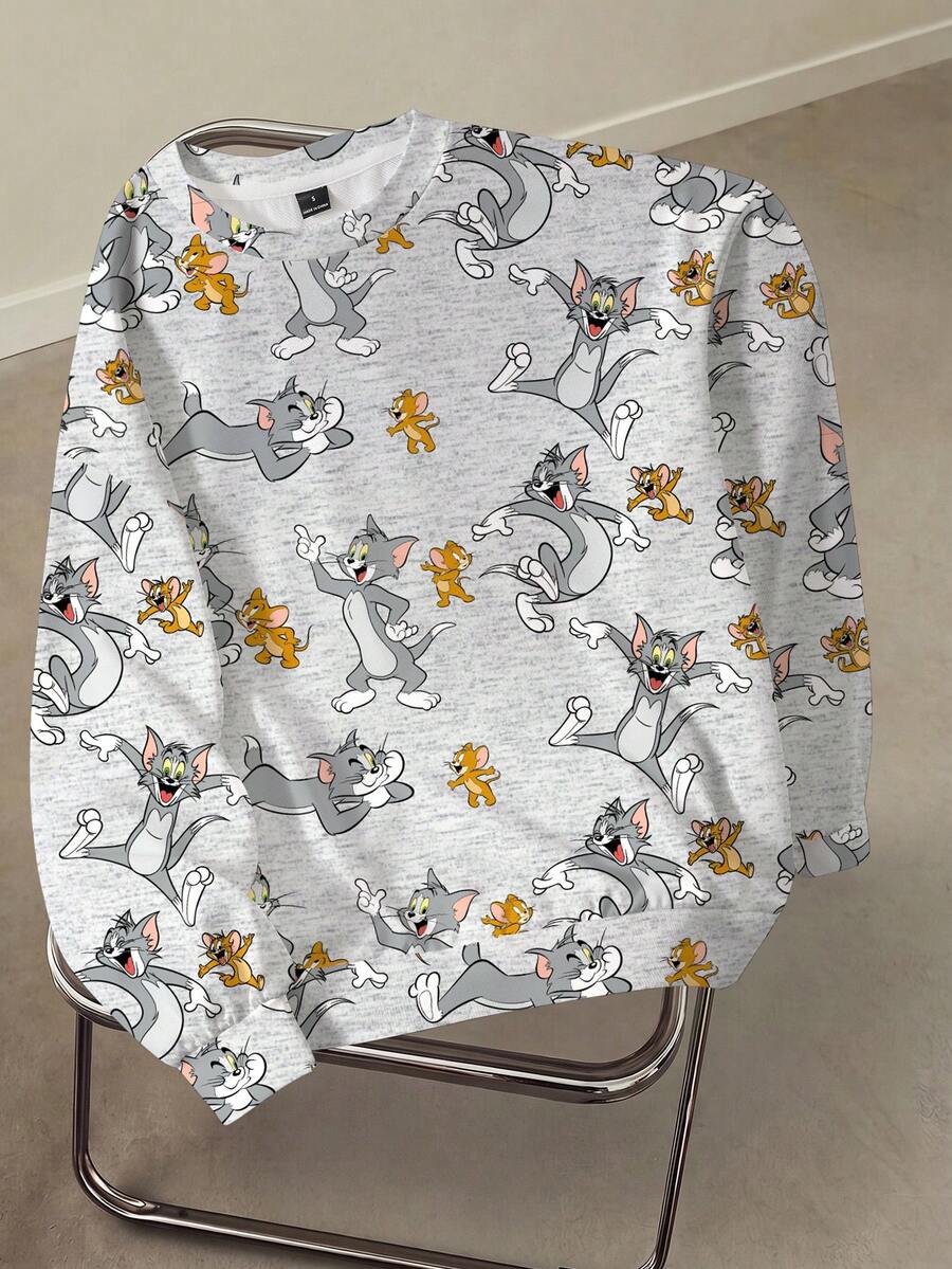 TOM & JERRY X SHEIN 女款卡通印花圓領長袖休閒運動衫 - 白色 - 查看 1