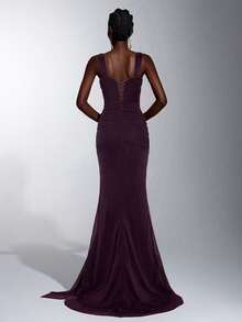 Elitara Elegantes luxuriöses glänzendes feines Glitzer-Mesh-Abendkleid mit Herz-Ausschnitt, Spaghettiträgern, Metallverzierung, Taillen-Twist, seitlich drapiertem Volant, stark verziert, geeignet für Date, Urlaub, Junggesellinnenabschied, Hochzeit und Event - Dunkelviolett - Übersicht 3
