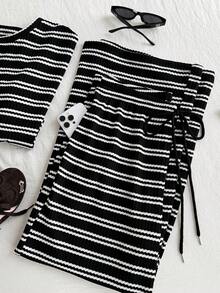 SHEIN EZwear 大码红色条纹T恤和裤子休闲两件套，夏季 - 黑色 - 查看 4